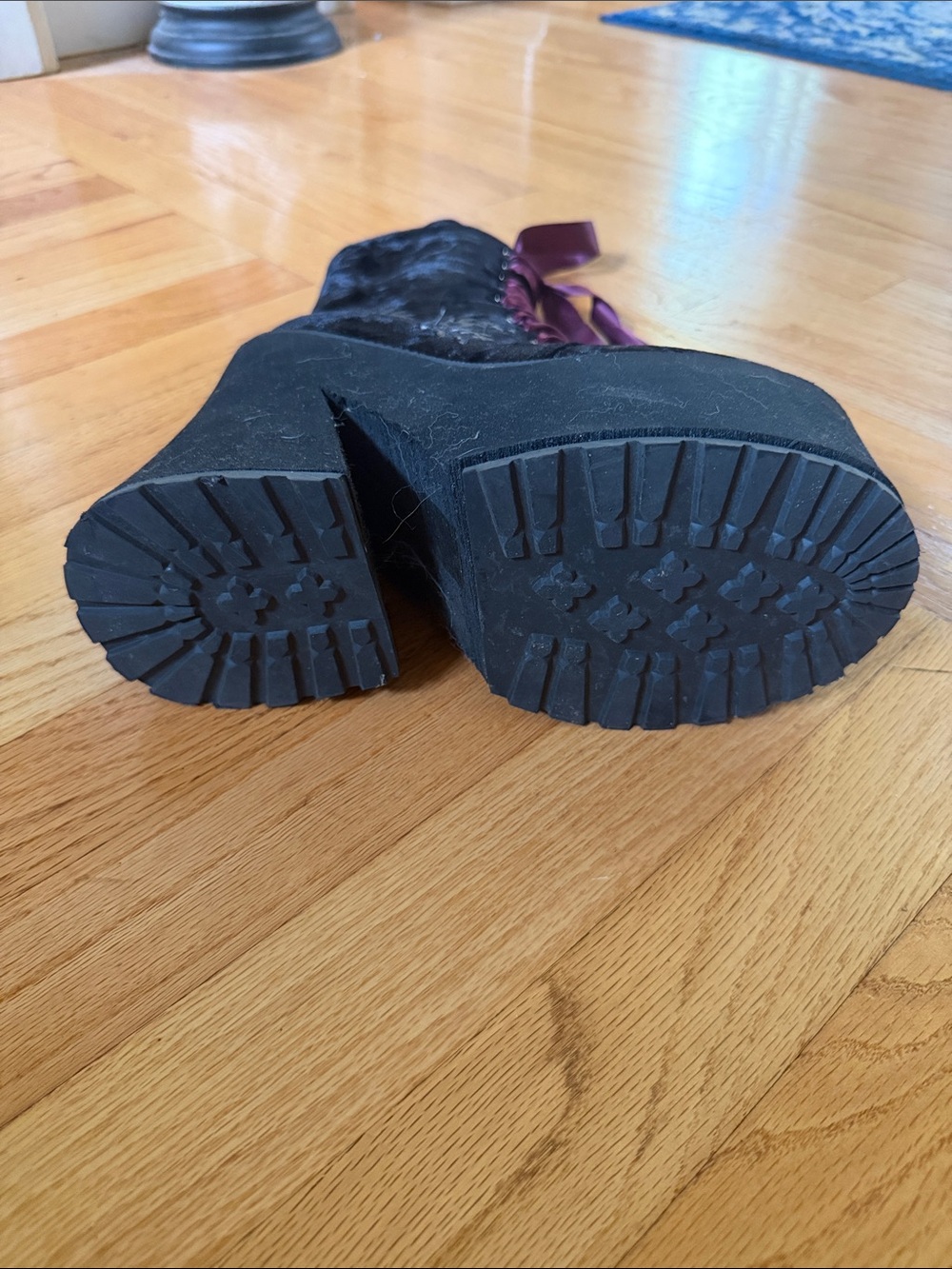 Killstar Black Velvet Platform Ankle Boots with Burgundy Satin Laces - Picture 4 of 4